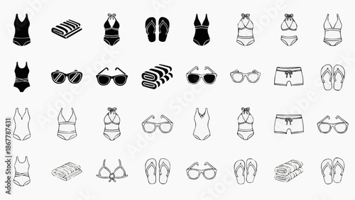 Collection of summer beach and swimwear icons bikinis, swimsuits, sunglasses, towels, and flipflops
