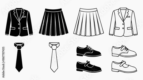 Set of school uniform clothing items blazers, pleated skirts, ties, and shoes