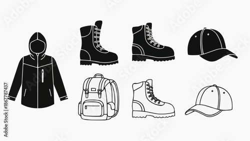 Set of hiking and outdoor gear icons jacket, boots, backpack, and cap