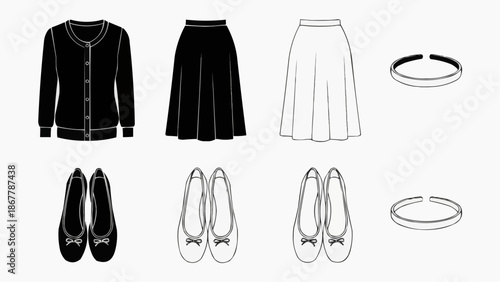 Set of womens clothing and accessories line art icons cardigan, skirts, shoes, and bracelets