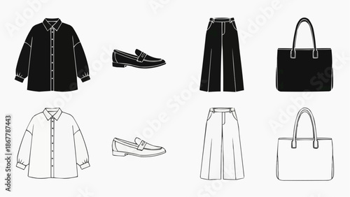 Black and white fashion flat sketches of womens clothing and accessories set