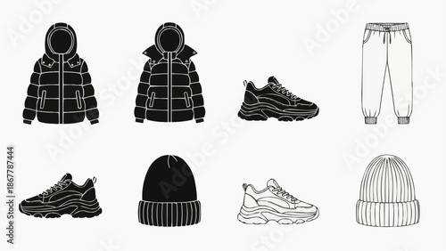 Set of winter clothing and sneakers icons puffer jacket, joggers, beanie, and chunky shoes
