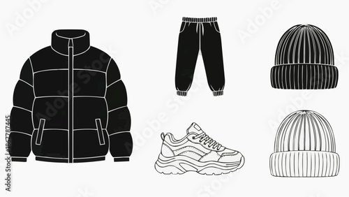 Winter clothing set puffer jacket, joggers, sneakers, and two beanies