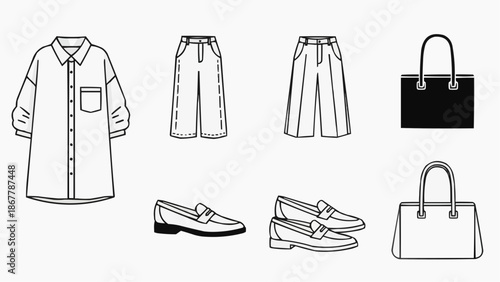 Set of womens clothing and accessories line art icons for fashion design