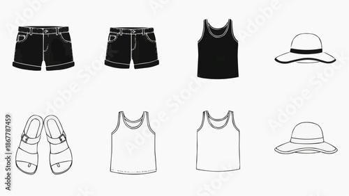 Summer clothing and accessories icons set shorts, tank tops, sandals, and sun hats