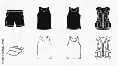 Set of sportswear and accessories icons shorts, tank tops, and safety vest outline