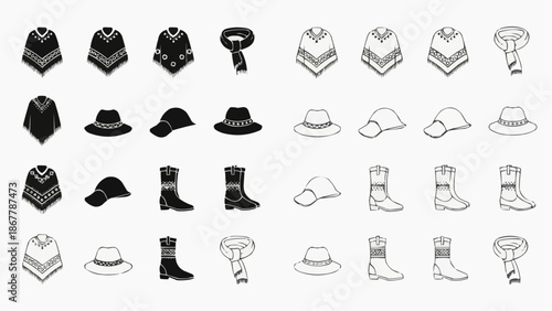 Collection of western wear icons ponchos, hats, boots, and scarves in black and white outline styles