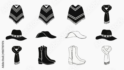 Collection of western and south american clothing accessories icons ponchos, hats, scarves, and boots