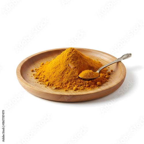 tumeric powder on wooden tray with spoon