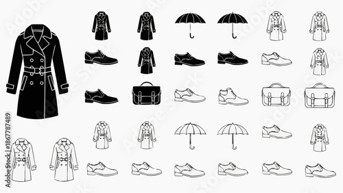 Collection of black and white fashion icons coats, shoes, umbrellas, and briefcases