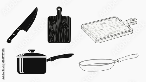 Set of kitchen utensils knife, cutting boards, saucepan, and frying pan icons