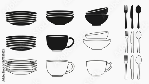 Set of black and white dishware icons plates, bowls, and cups with cutlery