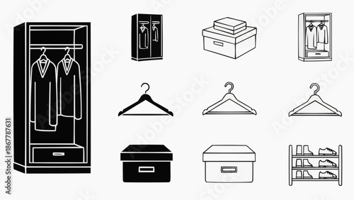 Set of wardrobe, closet, hanger, storage box, and shoe rack icons in outline style