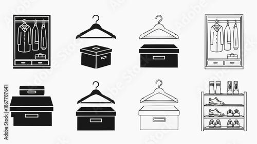 Set of wardrobe storage icons closet, hangers, boxes, and shoe rack