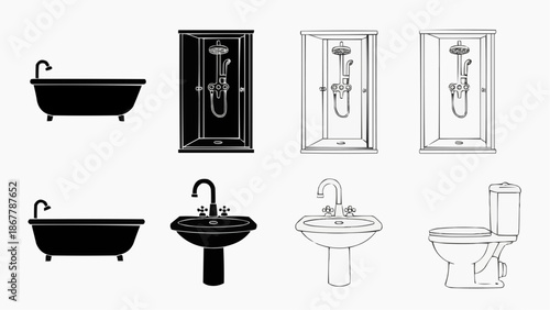 Set of bathroom fixtures icons bathtub, shower cabin, sink, and toilet