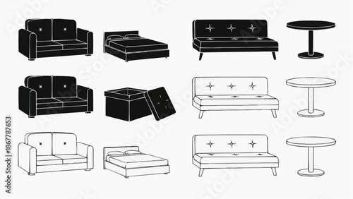 Set of black and white furniture silhouettes sofas, beds, ottomans, and tables