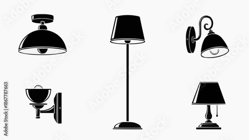Collection of five black silhouette lighting fixtures ceiling, floor, and wall lamps