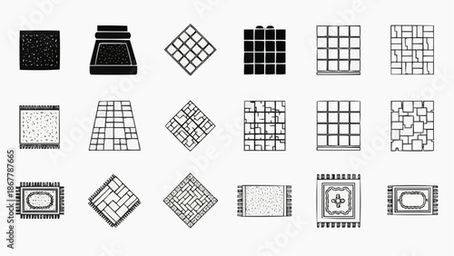 Set of 18 handdrawn floor tile and rug patterns in black and white