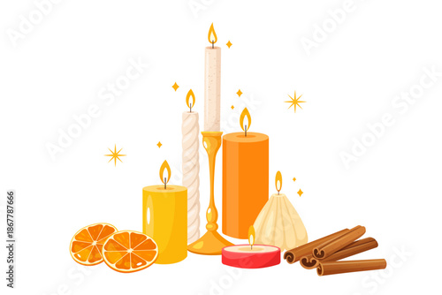 Flat Illustration of Flaming Candles Collection in Various Sizes and Shapes with Dried Orange Fruit and Cinnamon Stocks, Golden Starbursts and Sparkles Isolated on White Background