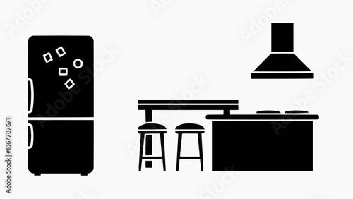 Kitchen furniture and appliances silhouette icon set