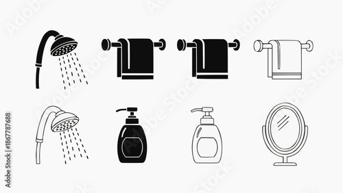 Set of bathroom icons shower head, towel rack, soap dispenser, and mirror