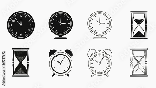 Set of various time measuring icons clocks and hourglasses in black and white
