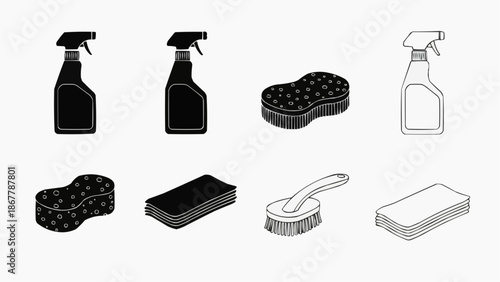 Set of cleaning supplies icons spray bottles, sponges, and brushes in black and white outline styles