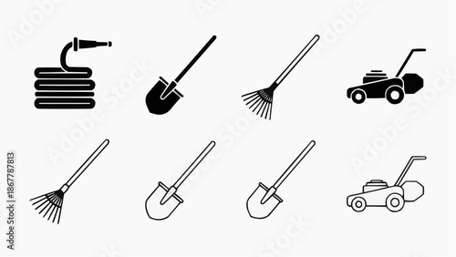 Set of garden tools icons hose, shovel, rake, and lawn mower in solid and outline styles