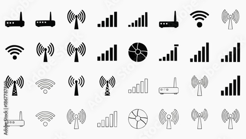 Set of wireless communication icons routers, antennas, and signal strength bars