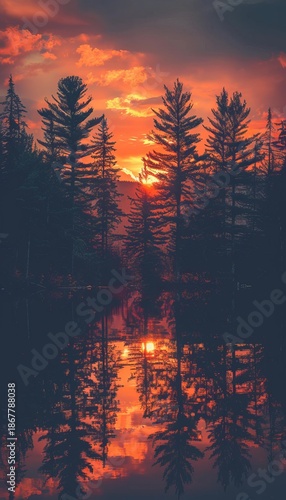 Serene sunset over tranquil lake with reflections of trees in peaceful nature photography