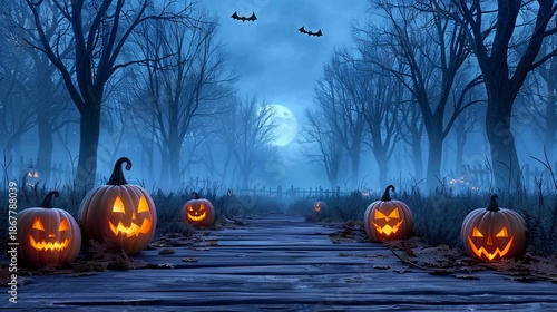 Eerie nighttime forest path illuminated by glowing pumpkins, evoking a cinematic horror atmosphere