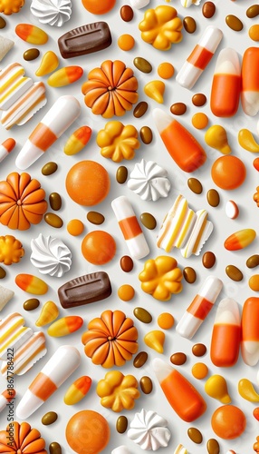 Vibrant halloween candy flat lay with neon reflections and colorful wrappers in top down view