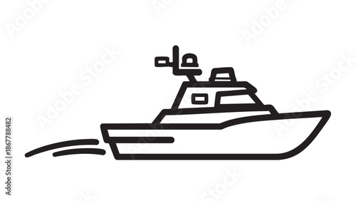 A black and white illustration of a speedboat moving quickly through the water, viewed from the side.
