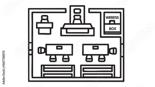 A simple black-and-white diagram of a room's floor plan featuring various furniture pieces and a wireless box