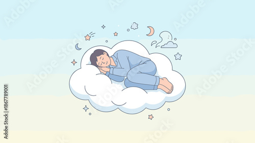 Peaceful sleep concept. Person sleeping on soft cloud. Sweet dreams relaxation. Nighttime rest. Comfort in sky. Happy dreamer. Good night fantasy. Mental health. Quiet slumber.