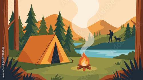 Camping site in forest nature. Tent and campfire. Outdoor adventure background. Summer travel landscape. Flat vector illustration. Hiking concept. Wilderness holiday. Mountain view