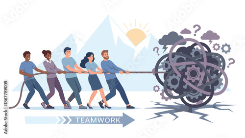 Business teamwork tug of war. People pulling rope against chaos. Overcoming challenges. Strategy and cooperation. Collective effort. Solving complex crisis. United workforce