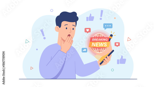 Surprised man reading breaking news on smartphone. Shocked person holding mobile phone. Unexpected message. Flat vector illustration. Social media alert. Internet information concept.