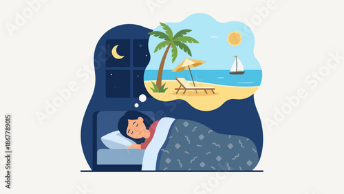 Sleeping woman in bed dreaming of summer beach vacation. Thought bubble showing tropical sea palm tree. Holiday travel wish concept. Restful night sleep. Flat vector illustration.