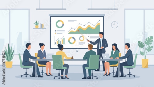 Corporate business meeting presentation. Speaker pointing at financial charts. Office team conference seminar. Strategy planning analysis. Flat vector illustration. Data report training.