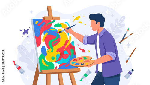 Creative artist painting abstract art on canvas easel. Young man with palette. Studio concept. Imagination creativity. Professional painter character. Flat vector illustration.