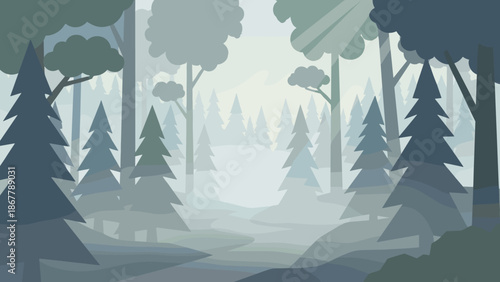 Misty forest landscape vector illustration. Flat morning fog in pine woods. Atmospheric nature background. Sunrise light beams. Mysterious woodland scenery. Serene outdoor view.