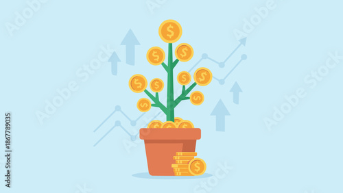 Money tree growing gold coins. Financial investment growth concept. Business profit wealth. Economic passive income. Currency savings revenue. Upward arrows flat vector illustration.