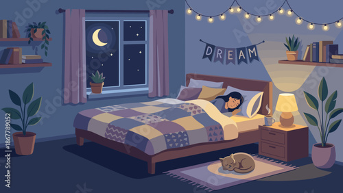 Cozy bedroom interior at night. Sleeping woman in bed. Cat on rug. Moon and stars in window. Relaxing atmosphere. Hygge room. Flat vector illustration. Sleep and rest background.
