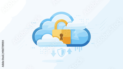 Secure cloud computing concept padlock. Cybersecurity data protection vector. Internet privacy safety. Encrypted network. Web server technology. Online storage safe access. Guard.