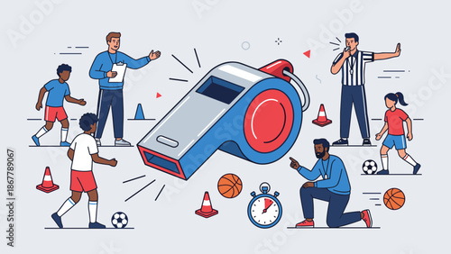 Large referee whistle vector illustration. Sports coaching concept. Team training activity. Coach teaching kids soccer and basketball. Match competition rules. Flat design signal.