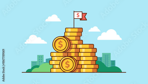 Financial success concept. Large stack of gold coins with dollar sign flag. Wealth accumulation and business growth. Investment profit peak. Money mountain. Flat vector illustration.