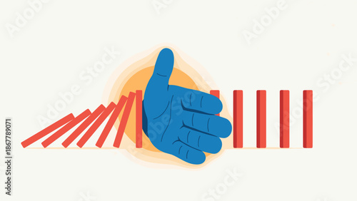 Risk mitigation concept. Blue hand stopping falling red dominoes chain reaction. Business crisis management. Prevention and intervention strategy. Problem solving. Stop vector design