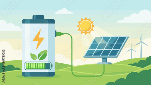 Solar energy storage concept. Green power charging battery. Photovoltaic panel. Renewable electricity technology. Eco friendly sustainability. Environment. Flat vector illustration.