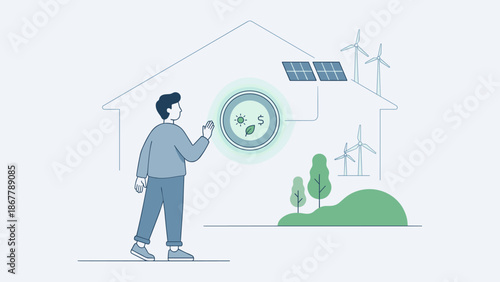 Smart home energy control concept. Person checking thermostat temperature. Green technology vector illustration. Modern house automation system. Eco friendly efficiency. Power saving.